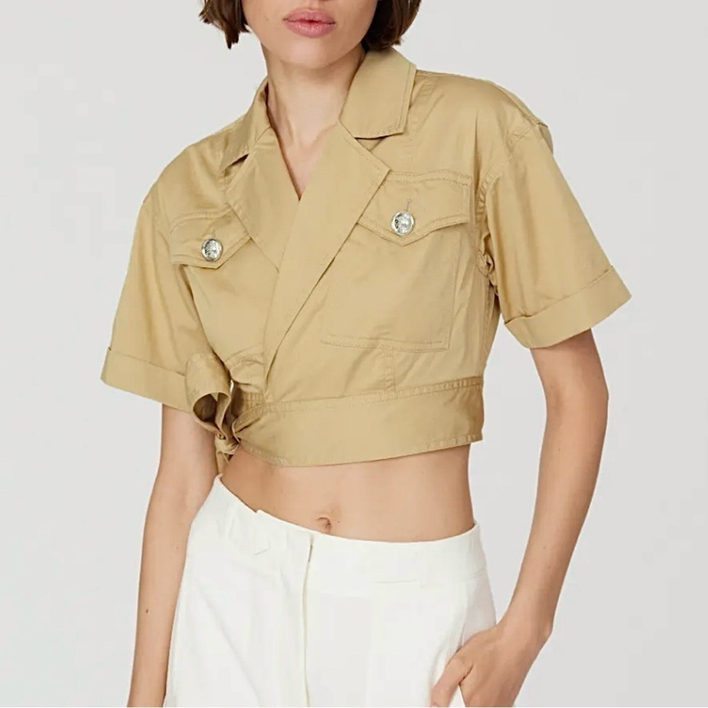 Derek Lam Military Inspired Wrap Crop Top Short Sleeve Collar Khaki Tan Brown 6